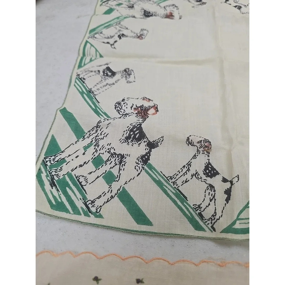 Vtg Embroidered Flower Fox Terrier‎ Cloth Scalloped Hem Men's Handkerchiefs